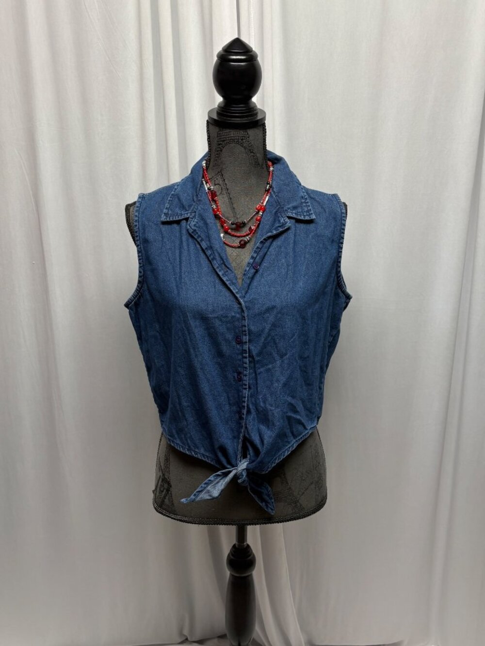 Faded Glory Sleeveless Denim Button-Down Shirt Womens Size Large Tie Cropped Top